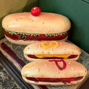 Enesco Hot Dog Salt & Pepper + Relish Dish • Japan • Vintage Set